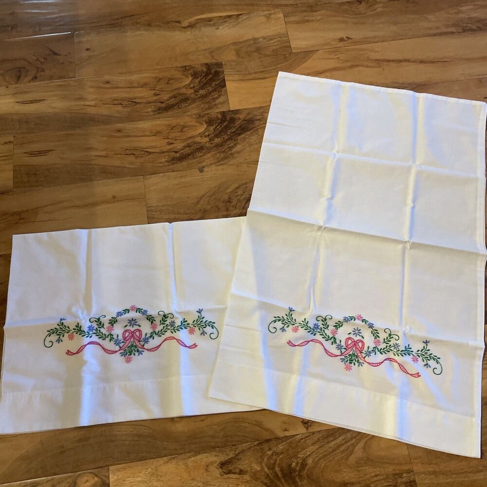 Pair Of Vintage Cotton Hand-Embroidered Pillowcases 31x19 Floral Bow Designs